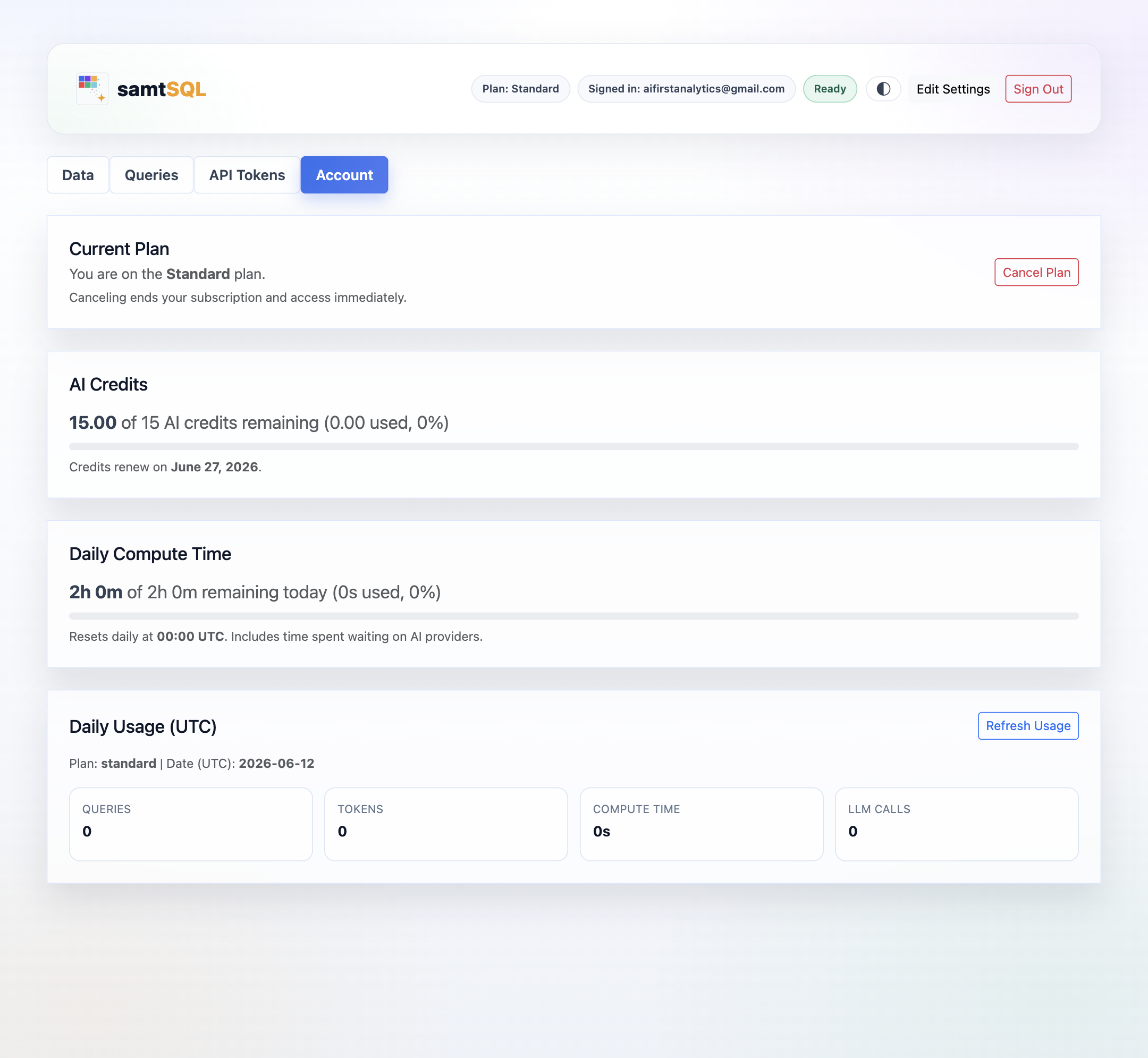 Visual interface account page