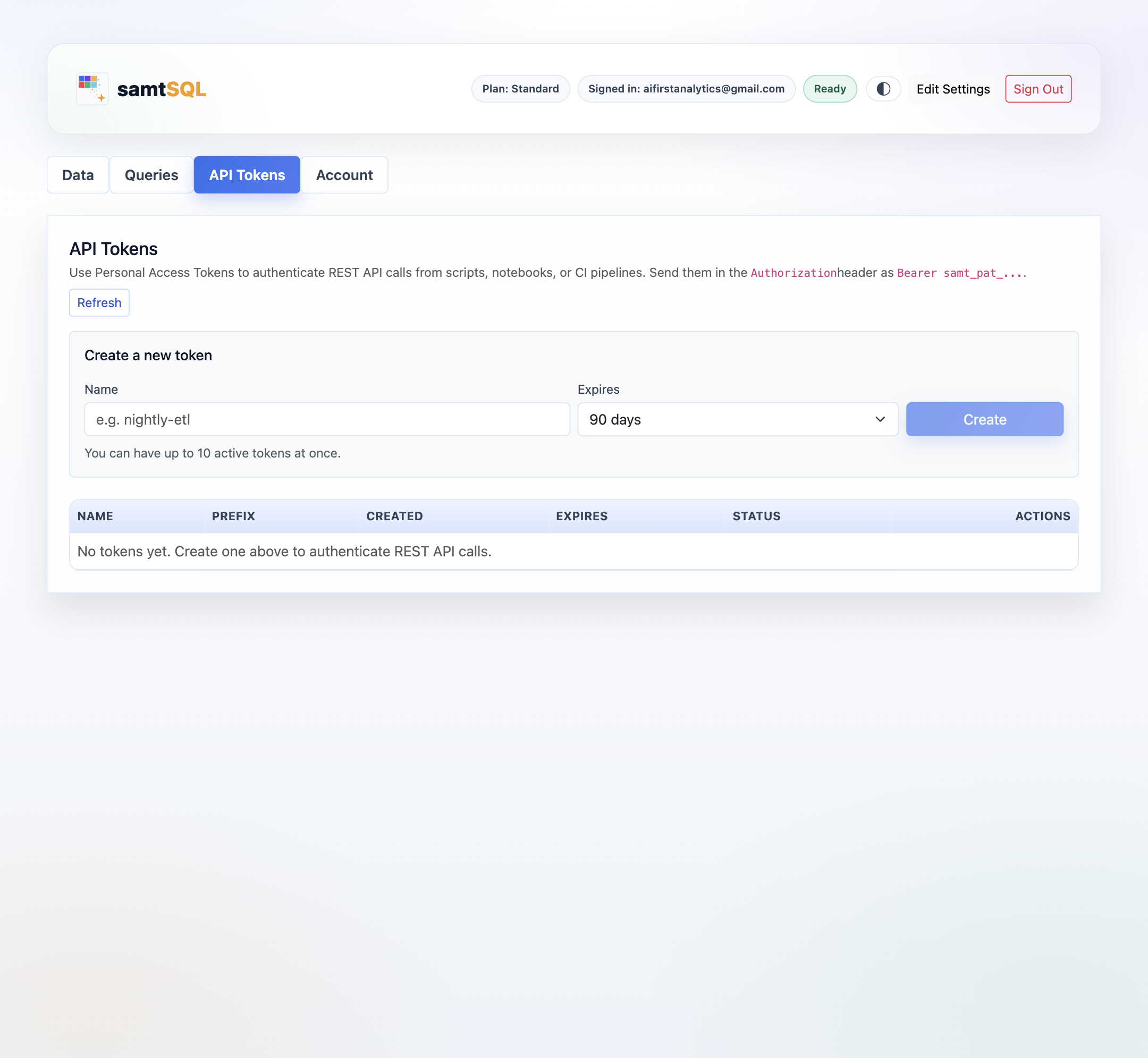 Visual interface API Tokens page