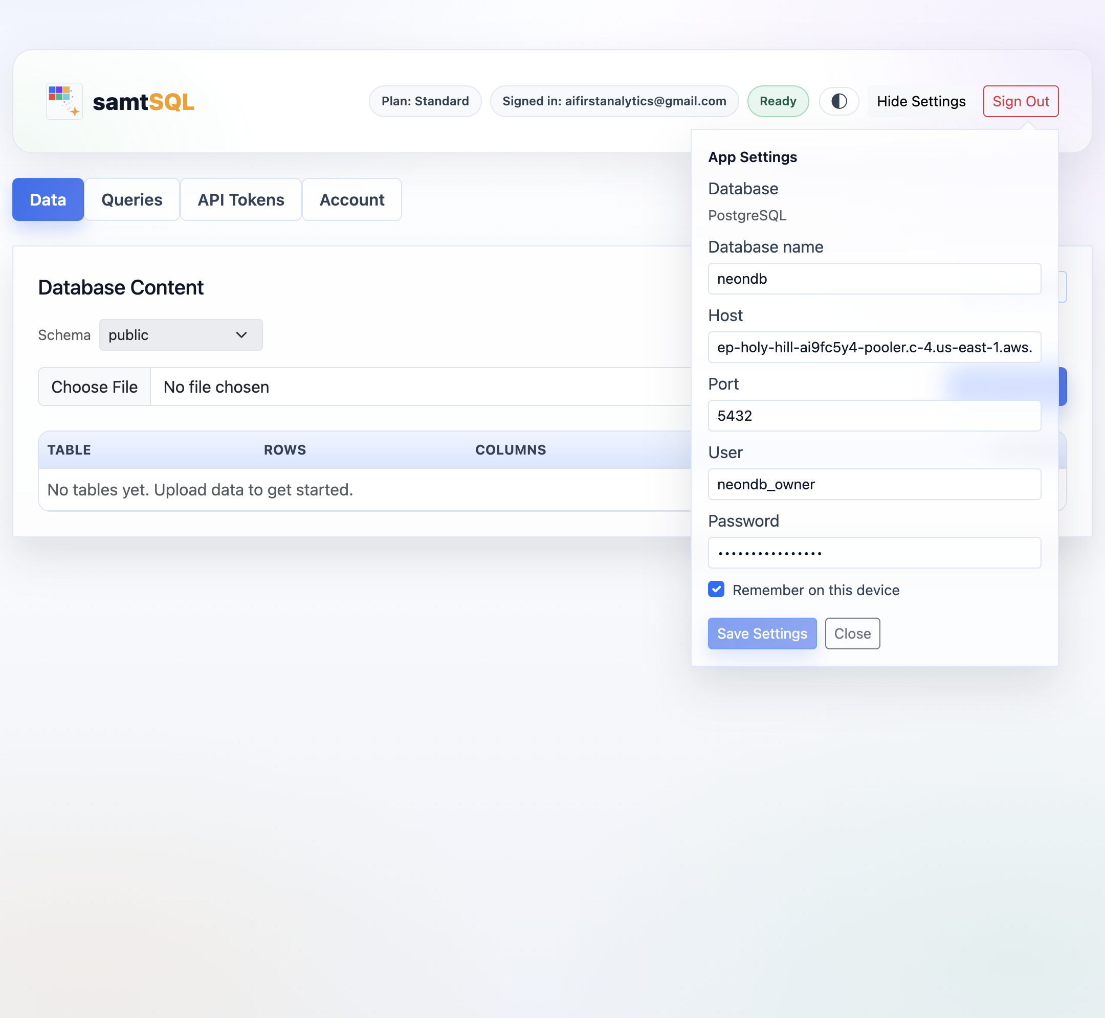 Visual interface setup page